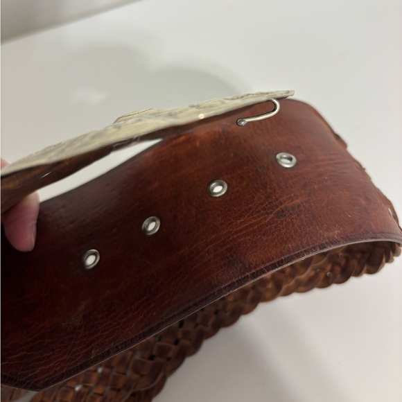 Brown Leather Braided Wide Waist Belt silver tone Concho Medium Boho western - Picture 7 of 9